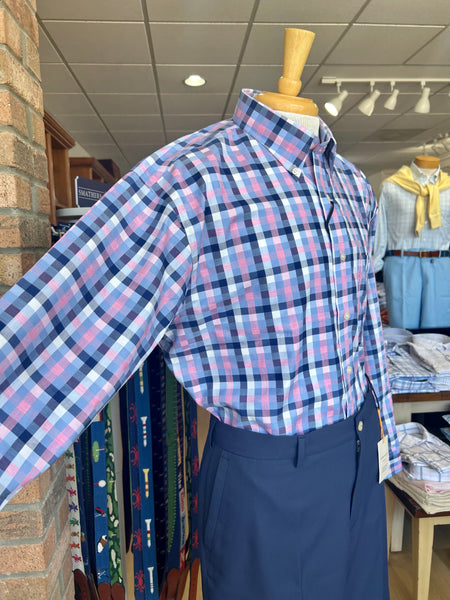 Wrinkle Free Button Down - Blue Multi and Pink Plaid