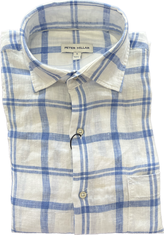 Linen Spread Collar Shirt - Blue Windowpane