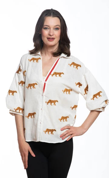 Dizzy Lizzie Milana Embroidered Cheetah Blouse