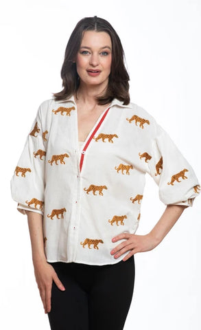 Dizzy Lizzie Milana Embroidered Cheetah Blouse