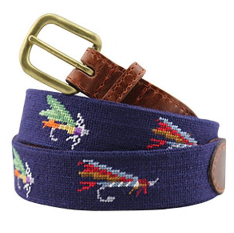 Fishing Flies on Navy Needlepoint Belt