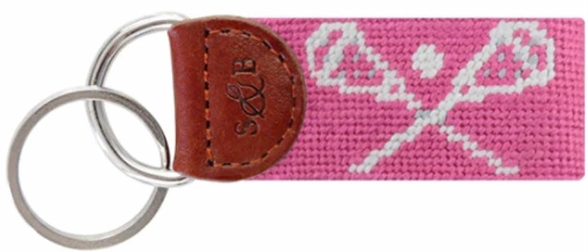 Pink Crossed Lax Sticks Needlepoint Key Fob