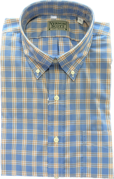 Wrinkle Free Button Down - blue with orange tattersall