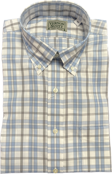 Wrinkle-Free Button Down - Blue/Taupe Windowpane
