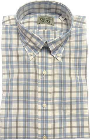 Wrinkle-Free Button Down - Blue/Taupe Windowpane