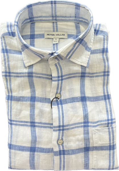 Linen Spread Collar Shirt - Blue Windowpane