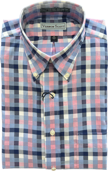 Wrinkle Free Button Down - Blue Multi and Pink Plaid