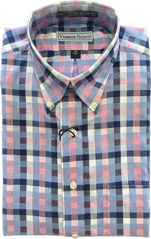 Wrinkle Free Button Down - Blue Multi and Pink Plaid