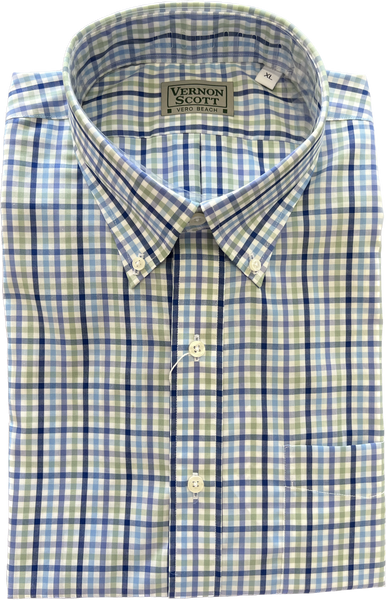 Wrinkle Free Button Down - Blue Multi and Green Windowpane