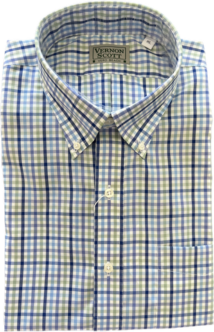 Wrinkle Free Button Down - Blue Multi and Green Windowpane