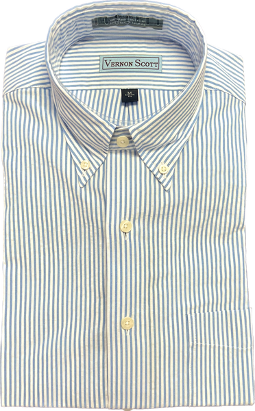 Wrinkle-Free Button Down - Blue Seersucker Stripe