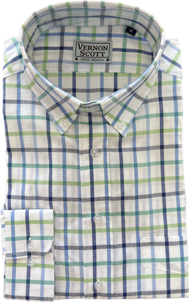 Wrinkle-Free Button Down - Large Blue/Green Windowpane