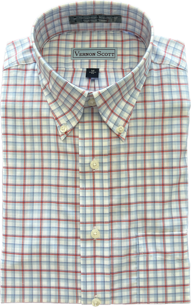 Wrinkle Free Button Down - red, white, and blue tattersall